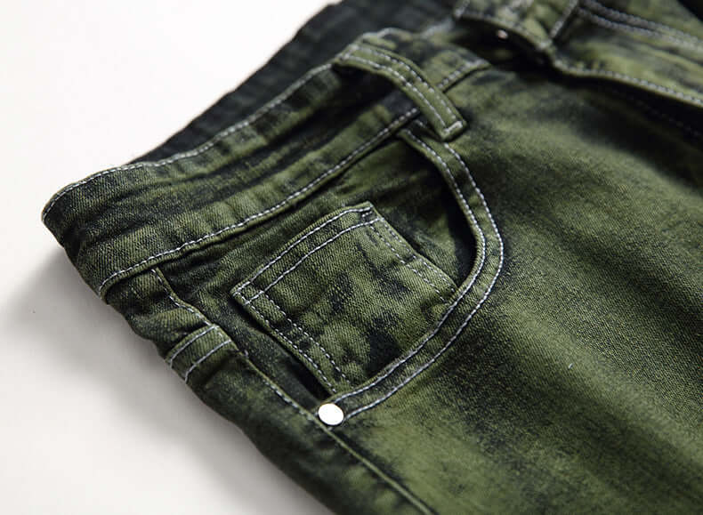 Olive green distressed men's jeans (front pocket)