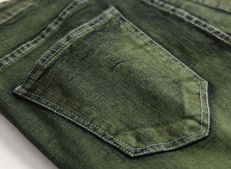 Olive green distressed men's jeans (back pocket)