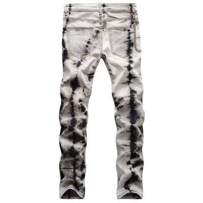 Men's Snow Washed Slim Fit Jeans – Retro Hanging Chain Detail