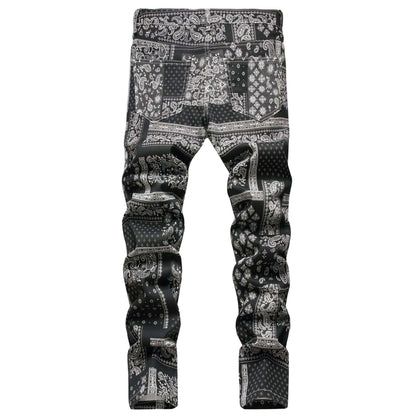 black and white paisley print men's jeans (back)