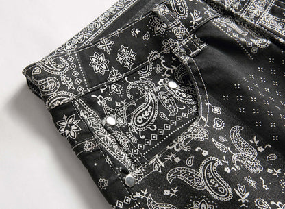 black and white paisley print men's jeans (front pocket)