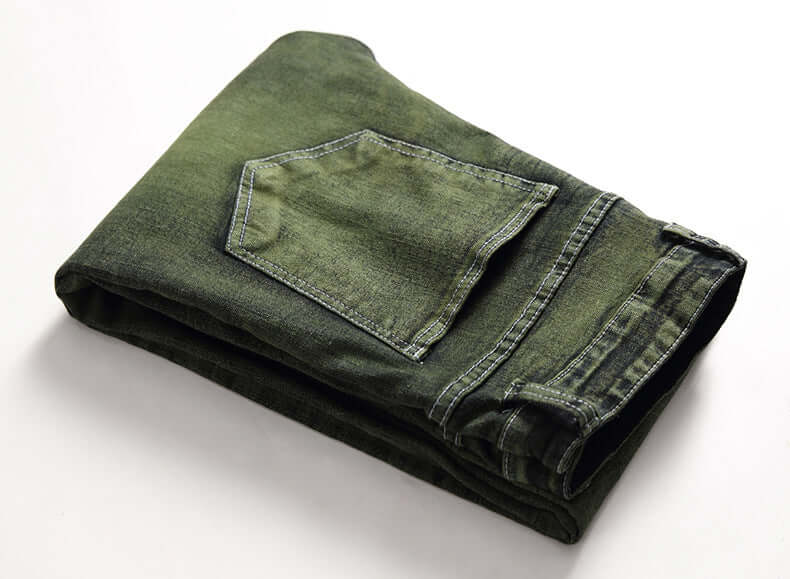 Olive green distressed men's jeans (folded)