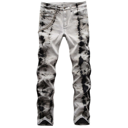 Men's Snow Washed Slim Fit Jeans – Retro Hanging Chain Detail