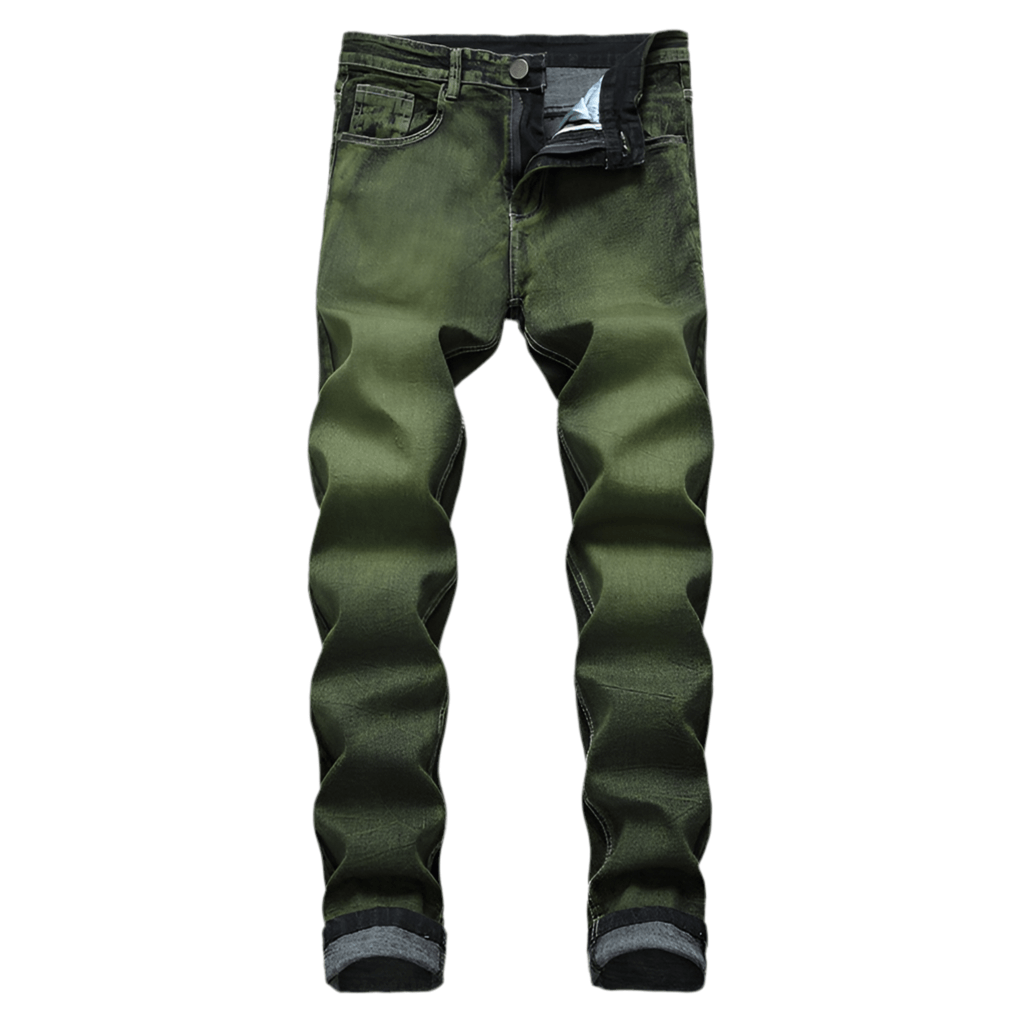 Olive green distressed men's jeans (front)