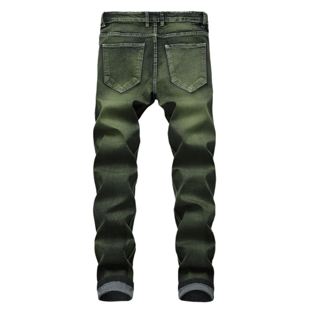 Olive green distressed men's jeans (back)