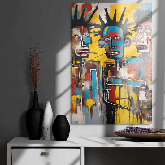 YB Goode 1 Spliff 3 Bros vibrant metal print featuring abstract human figures with blue and yellow background.