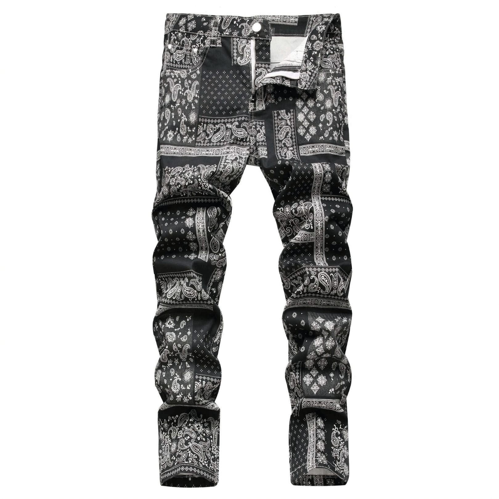 Men's relaxed-fit paisley print jeans in black, offering premium quality denim and comfort for retro urban style.