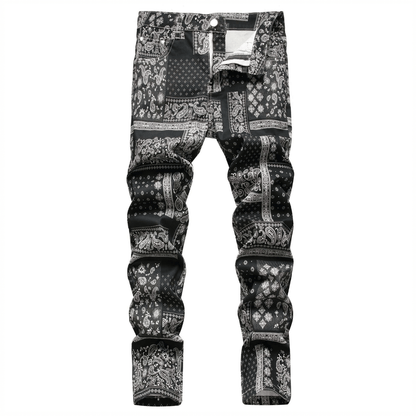 Men's relaxed-fit paisley print jeans in black, offering premium quality denim and comfort for retro urban style.