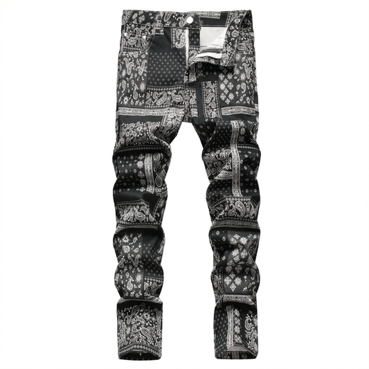 Men's relaxed-fit paisley print jeans in black, offering premium quality denim and comfort for retro urban style.