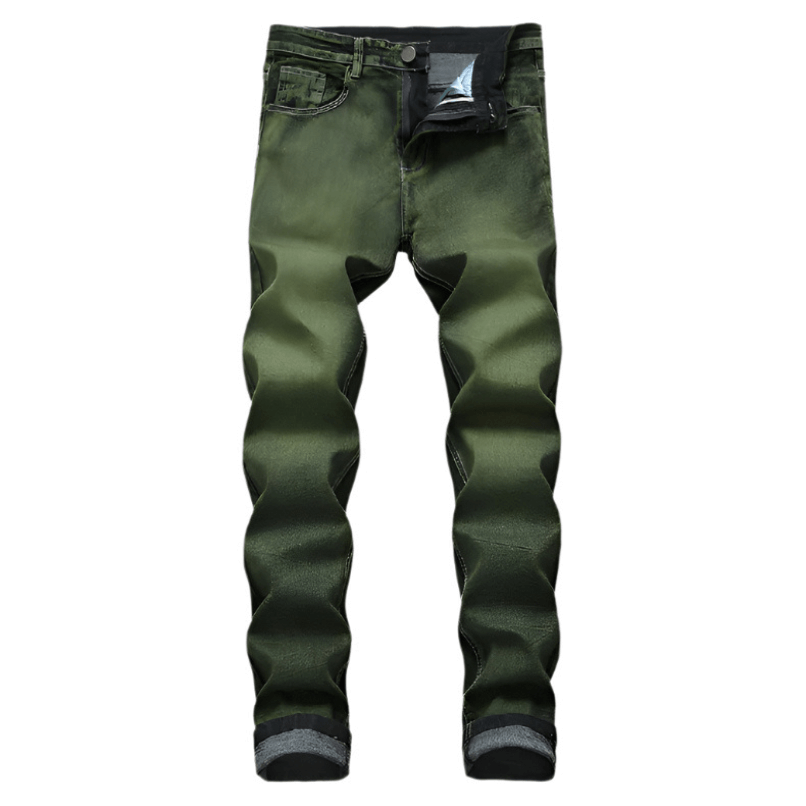 Men's slim-fit green faded designer denim jeans, premium quality, relaxed fit, machine washable.