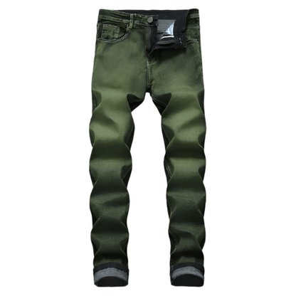 Men's slim-fit green faded designer denim jeans, premium quality, relaxed fit, machine washable.