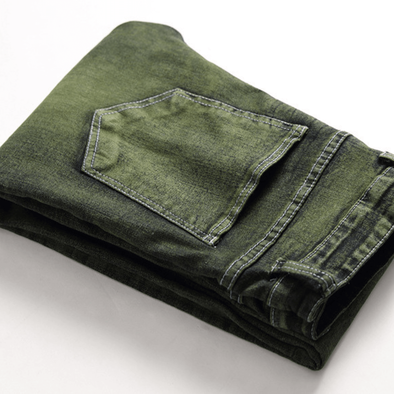 Men's slim-fit green faded designer denim jeans, premium quality, relaxed fit, and machine washable.
