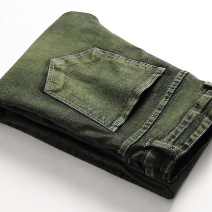 Men's slim-fit green faded designer denim jeans, premium quality, relaxed fit, and machine washable.