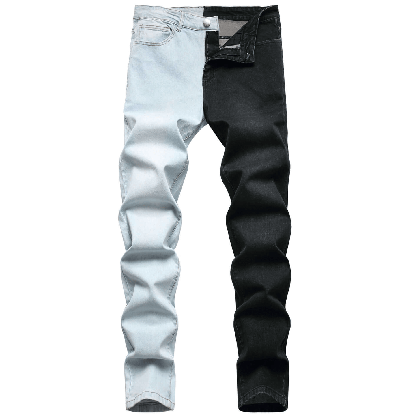 Men's stylish two-tone denim jeans featuring a light and dark wash, perfect for a trendy casual look.
