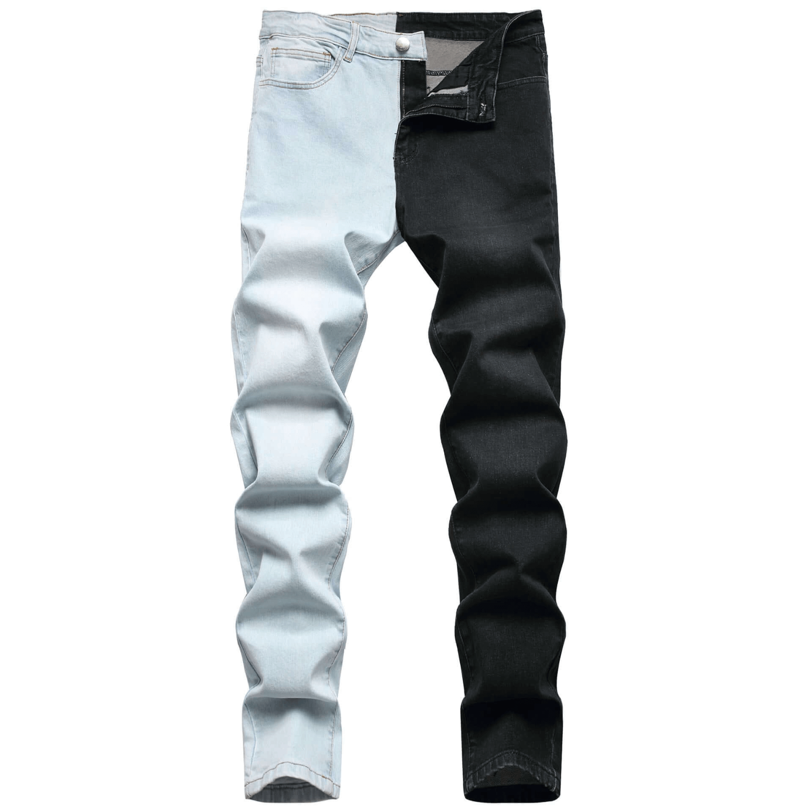 Men's stylish two-tone denim jeans featuring a light and dark wash, perfect for a trendy casual look.