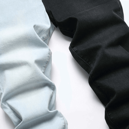 Men's slim-fit stretch denim jeans in dark wash, showcasing premium quality and relaxed fit for comfort.