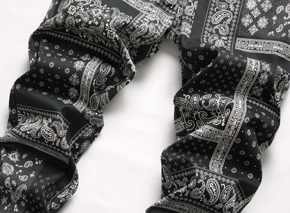 black and white paisley print men's jeans (in-seam)