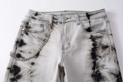 Men's Snow Washed Slim Fit Jeans – Retro Hanging Chain Detail